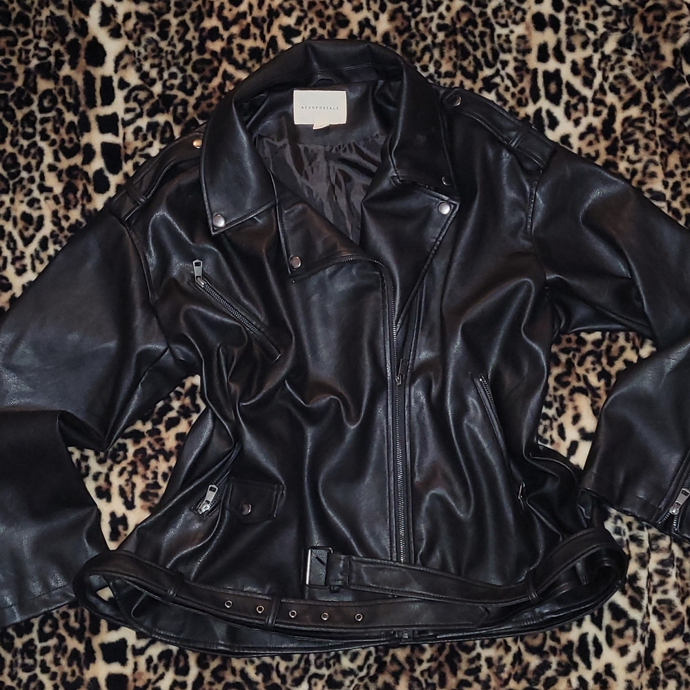 Black Faux Leather Motorcycle Jacket Aeropostale